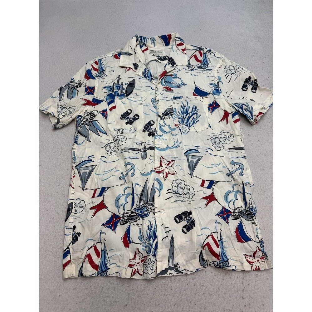 J Crew Shirt Mens Medium Cream Nautical Print Short Sleeve Button Up Casual